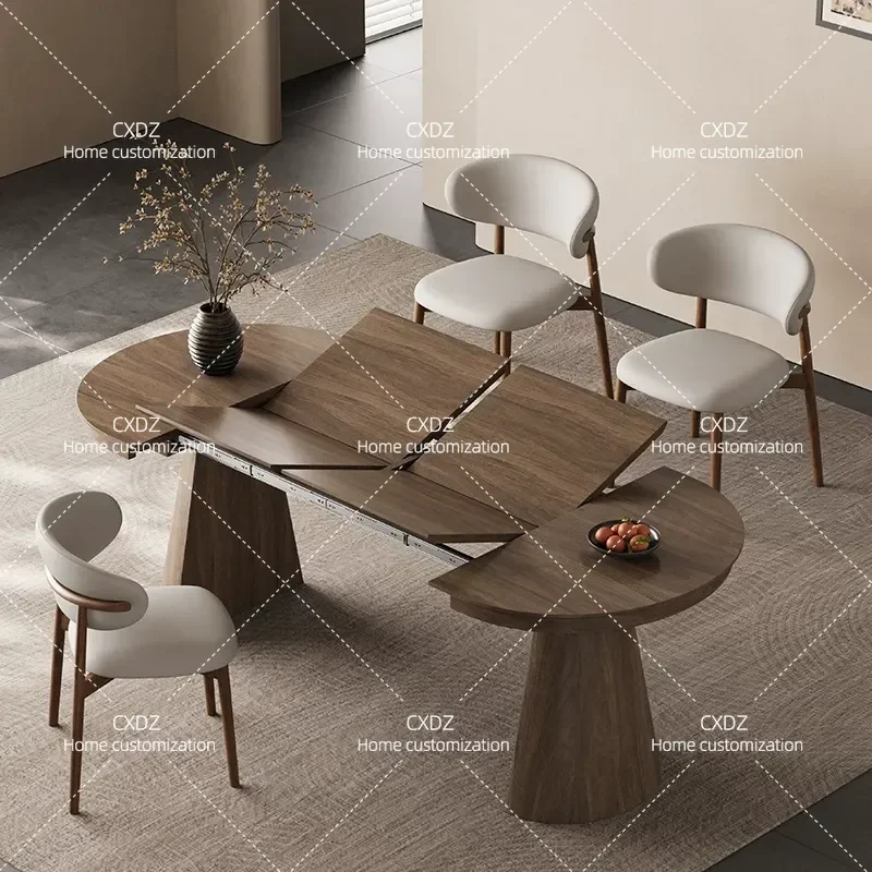 Solid Wood Folding Dining Table Round Retractable Rectangular Table and Chair Set for Small Apartment Home Restaurant Use