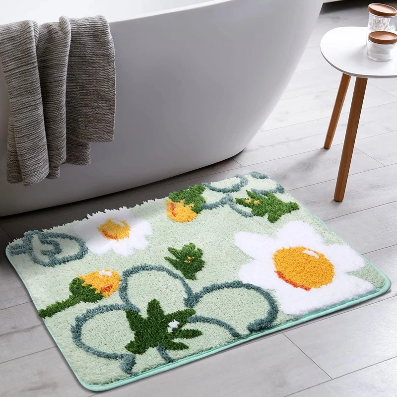 Inyahome Shower and Bath Room Flower Floor Mat Carpet Rugs Water Absorbent Non-Slip Soft Microfiber Bathmats Machine Washable