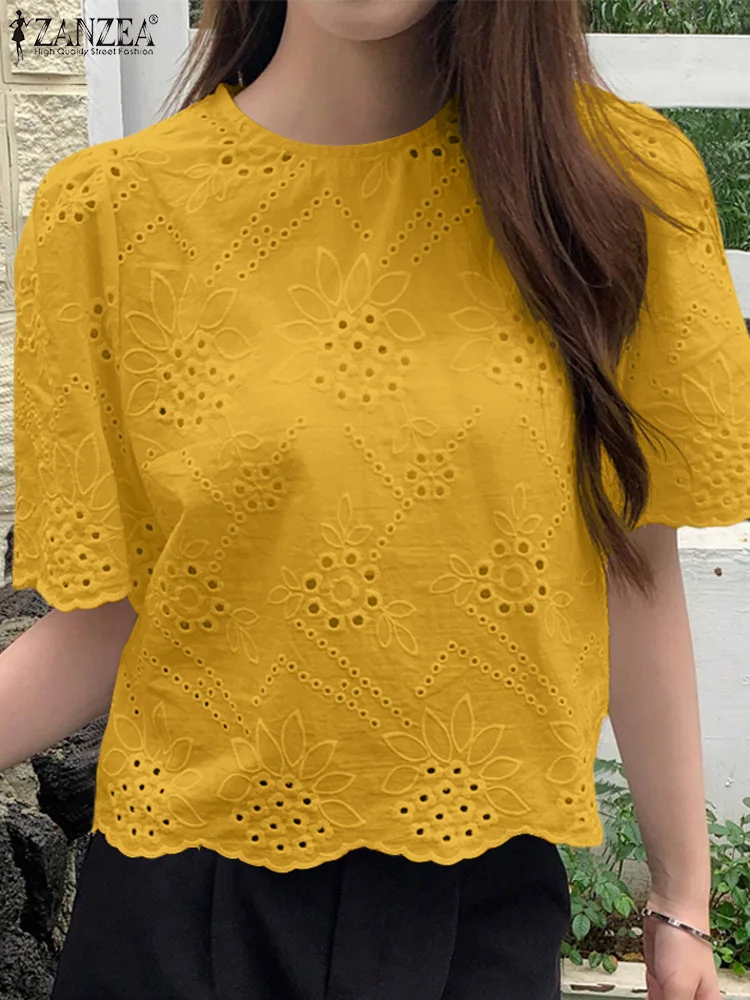 

ZANZEA Summer Fashion Women Blouse Half Sleeve Tops Bohemain Holiday Blusas Elegant Lace Crochet Work Shirt Casual Loose Chemise