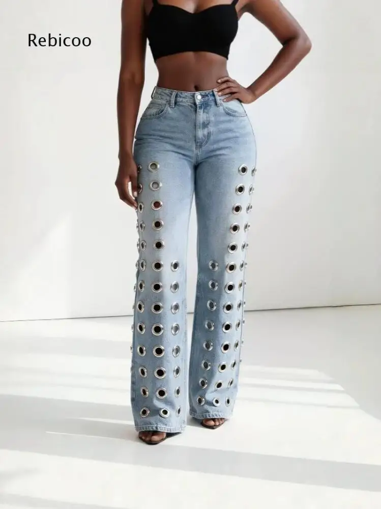 Womens High Waisted Denim Wide Leg Trousers Metal Eyelet Cutout Side Decor Button Closure Casual Party Streetwear Jeans