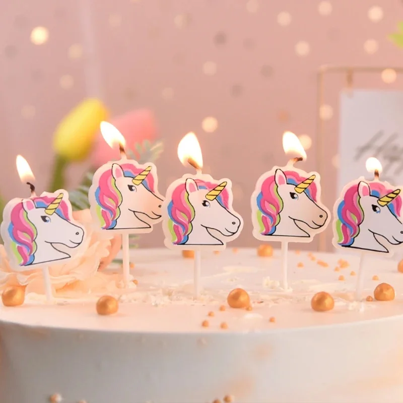 Hot 1Set of 5PCS Birthday Candles Kids First Birthday Party Cake Decoration Animal Flamingo Unicorn Candle Smokeless DIY