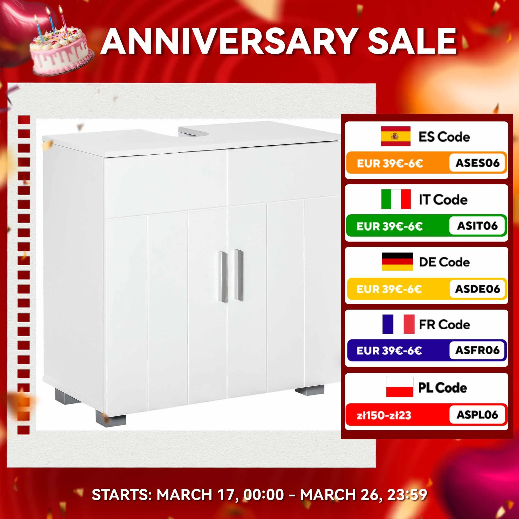 Mobili Kleankin sotto il lavabo 2 ante ripiano regolabile 60x30x60cm bianco