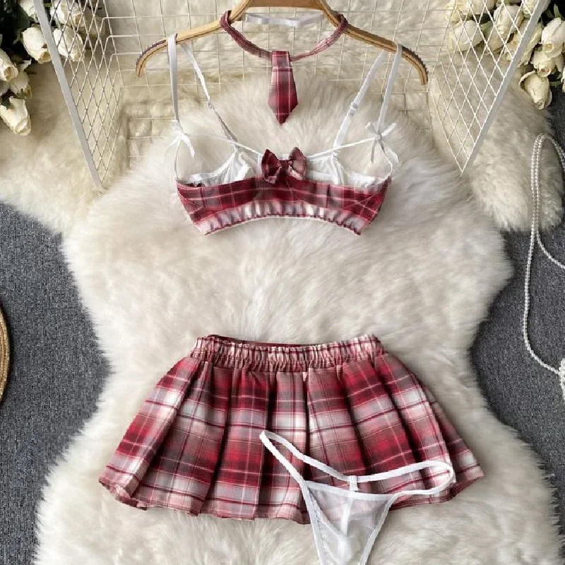 

Cute Plaid Hollow Bra Miniskirt Set Women's Schoolgirl Cosplay Costume Sexy Student Uniform for Couples Home Clothing