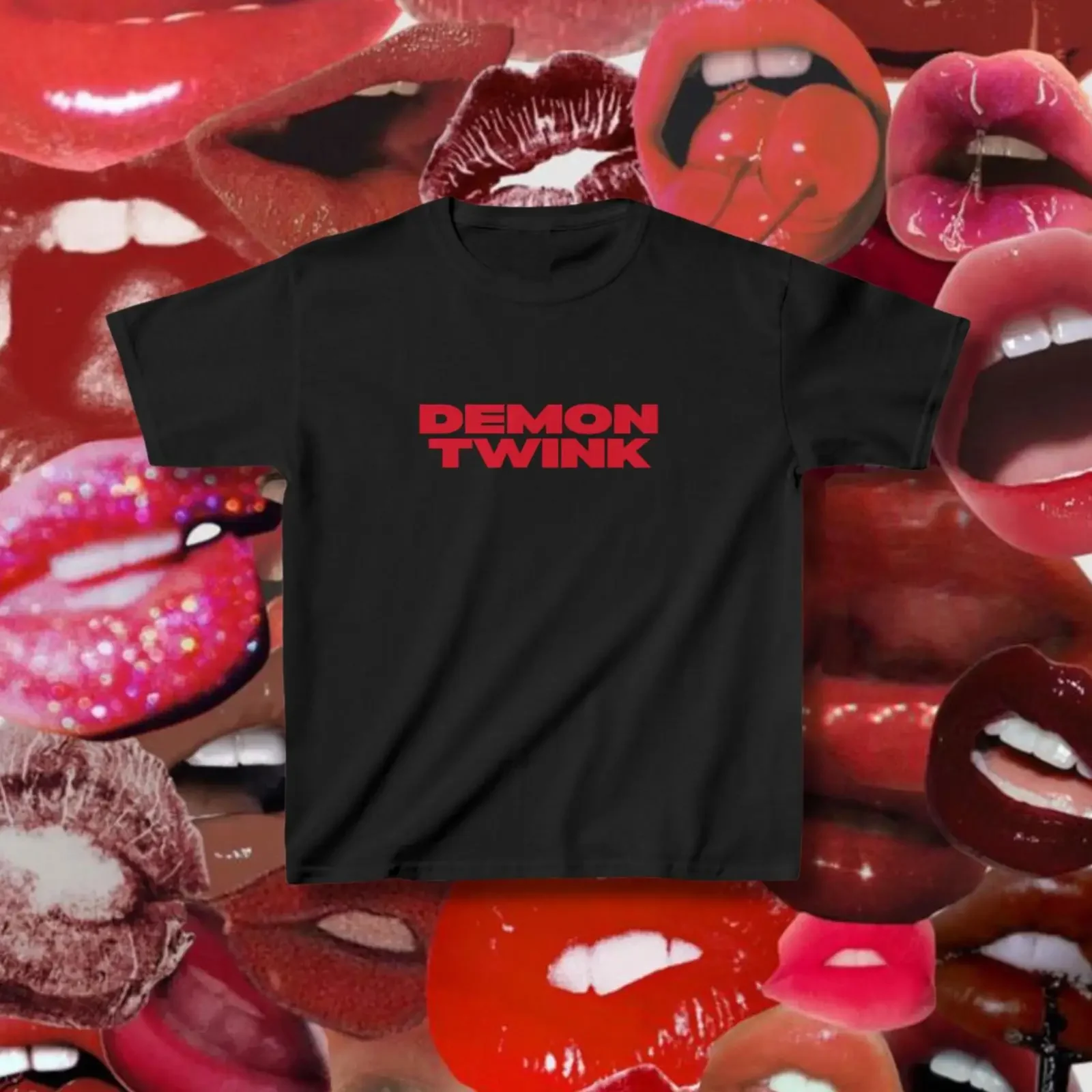 May include Black t shirt with the words DEMON TWINK printed in red on front vintage Washed Slightly designer clothes
