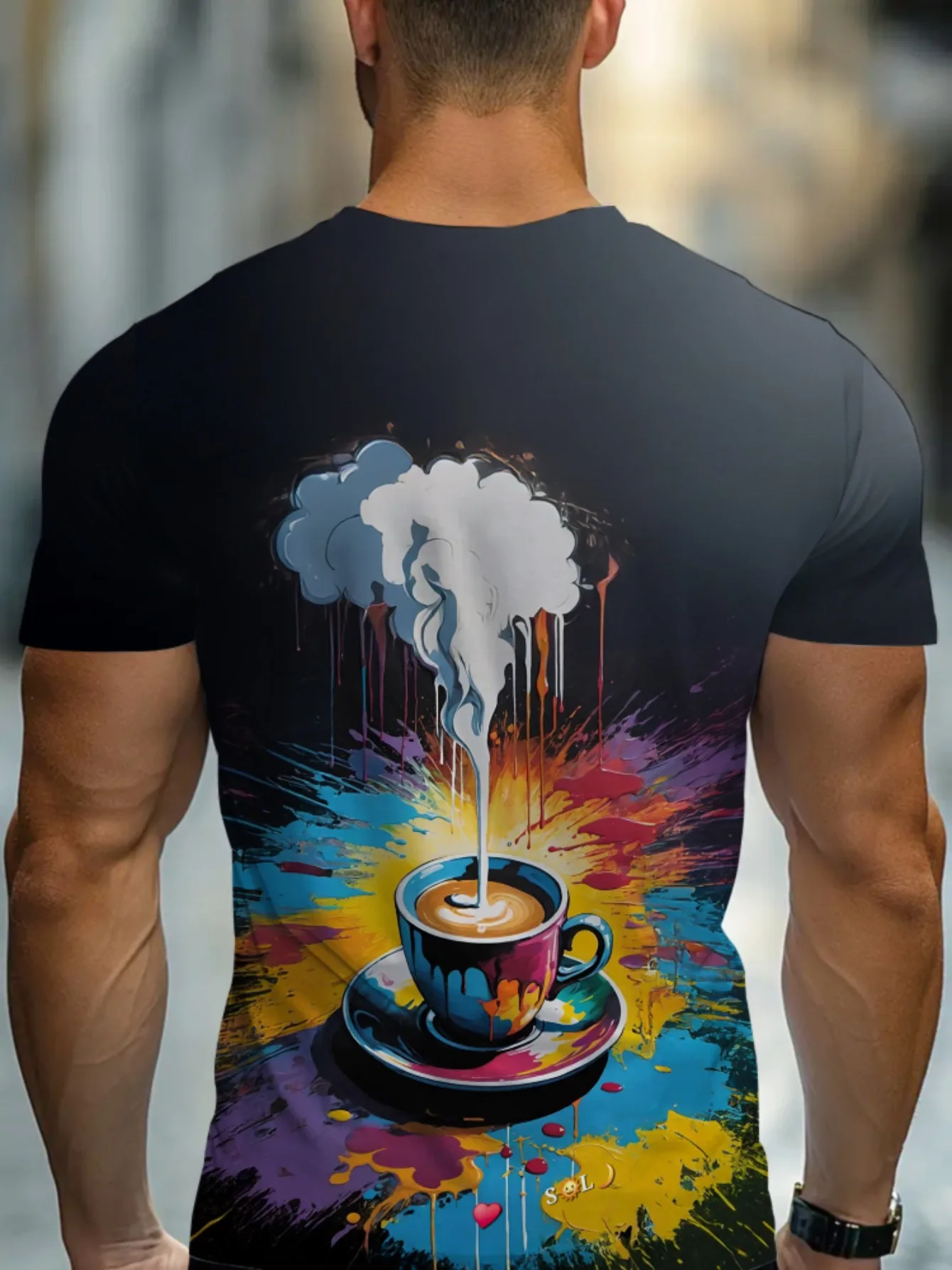Men's Color Splash Coffee Cup Smoke Cloud Graffiti Print Crew Neck Short Sleeve Abstract Art Casual Tee Tops