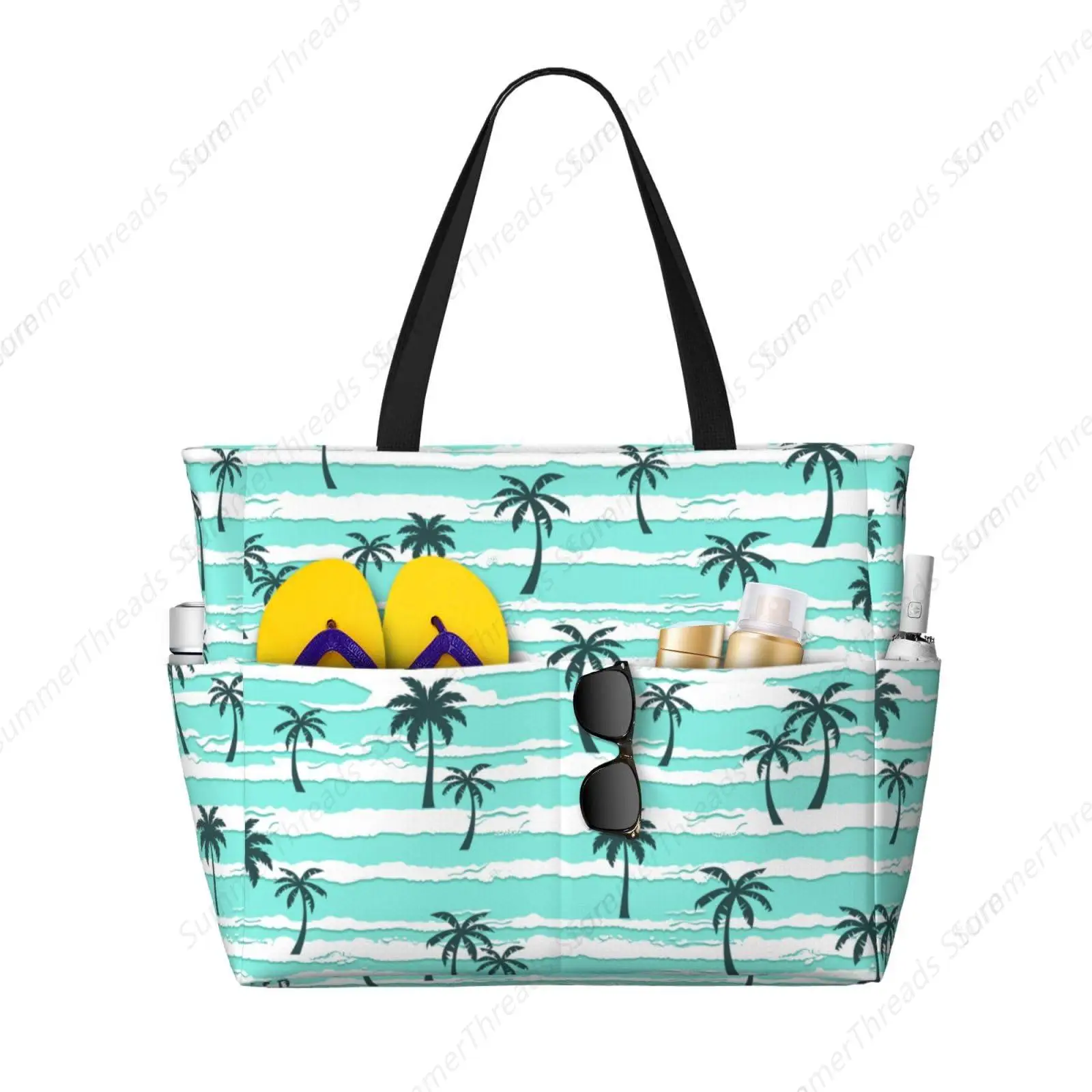 

Women Large Beach Bag Green Striped Palm Pattern Sandproof Waterproof Travel Weekender Foldable Tote Bag for Pool Vacation Gym