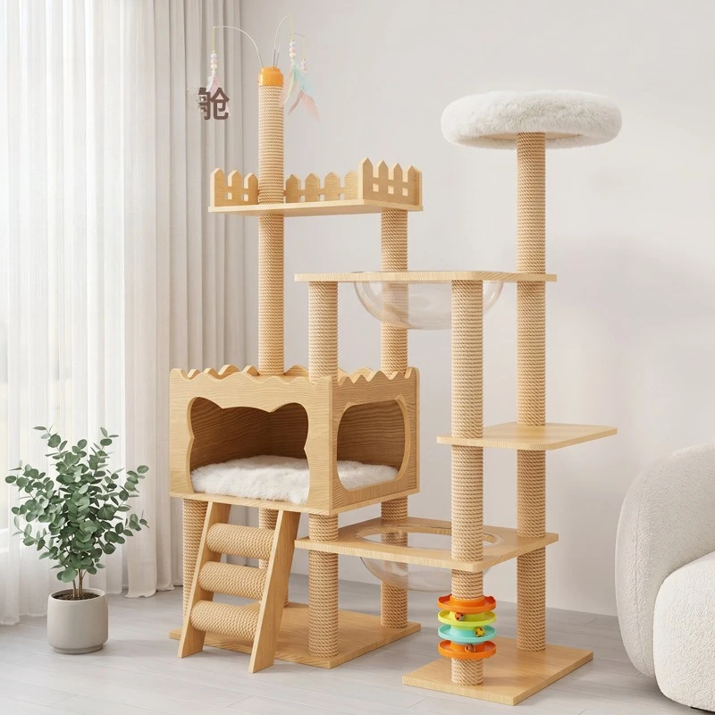 Solid Wood Integrated Climbing Tree with Space Capsule Nest, Space Saving Indoor Scratching Structure