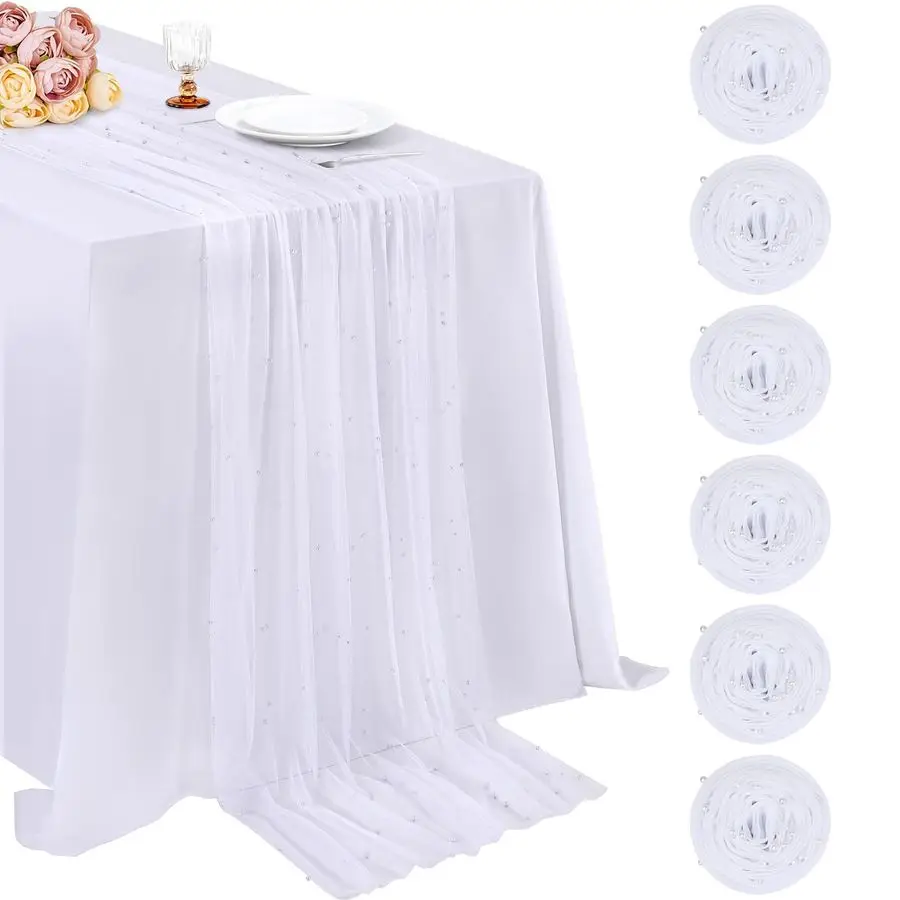 

Tulle Table Runner Sheer Fabric Set of 6 White Lace Table Runners 29x120 Inch Boho Rustic Desk Centerpieces for Bridal Shower Bi