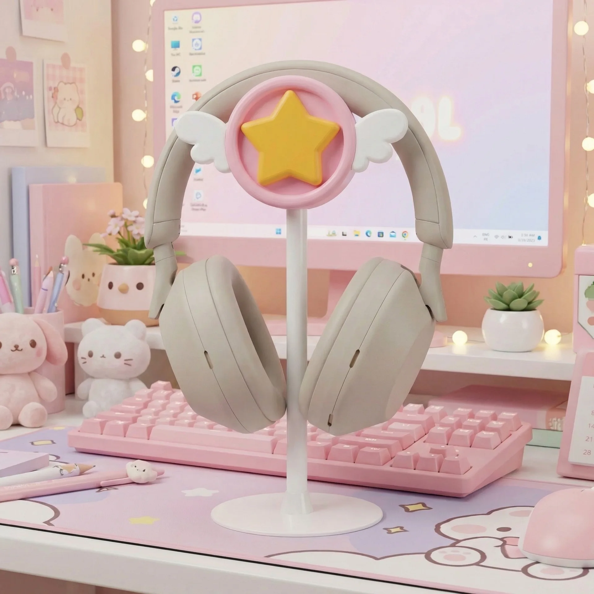 Desk Setup Girly - ที่วางหูฟังแบบติดศีรษะ สำหรับห้องอีสปอร์ต ของตกแต่งโต๊ะน่ารัก สไตล์สาวๆ สำหรับการเล่นเกม ตกแต่งสไตล์คิวท์คอร์