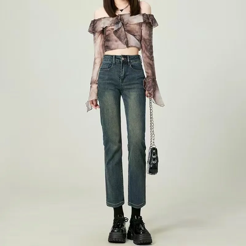 High Waist Straight Leg Jeans Women's Slim Fit Concrete Grey French Bread Short Size Eight Nine Points Match All Smoke Tube P...