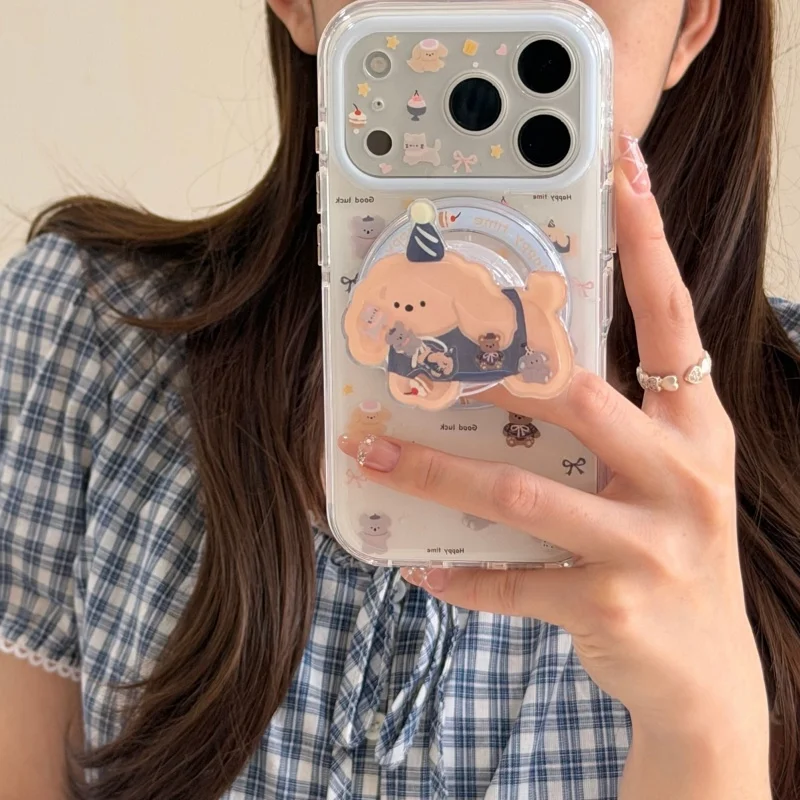 Cute Cartoon Bear Magnetic Phone Case For iPhone 17 Pro 16 15 14 Pro Max Cover with Shaking Stand Cases For Magsafe For iPhone 1