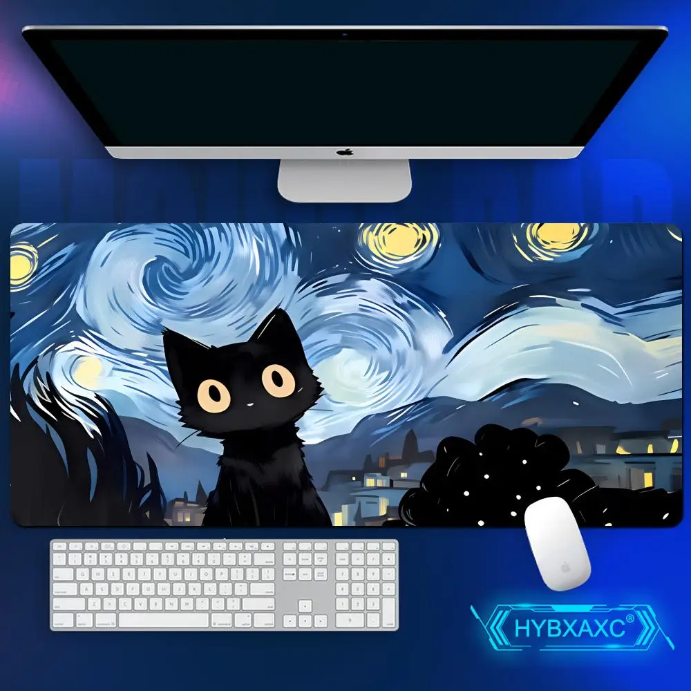 

HYBXAXC Mouse Pad,Starry Sky Oil Painting Black Cat Extended Gaming Mousepad with Stitched Edges,Non-Slip Rubber Base Desk Pad