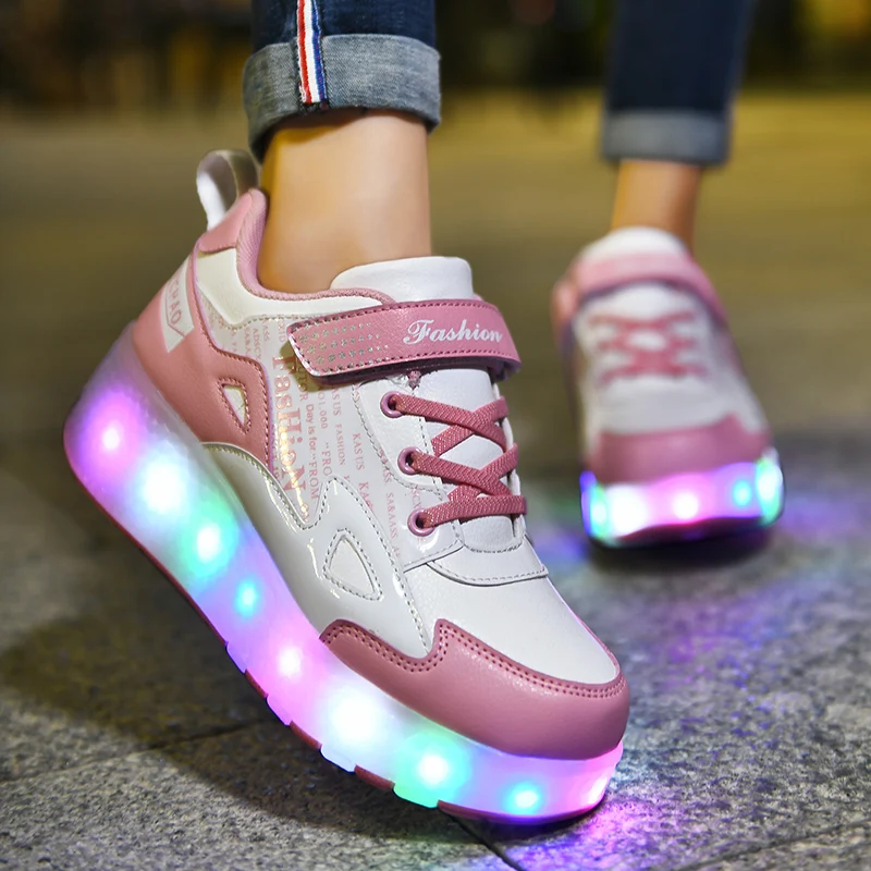 Casual Outdoor Sports Running Sneakers LED Lights Rechargeable Kids Roller Skates 2 Wheels Fashion Boys Girls Board Shoes