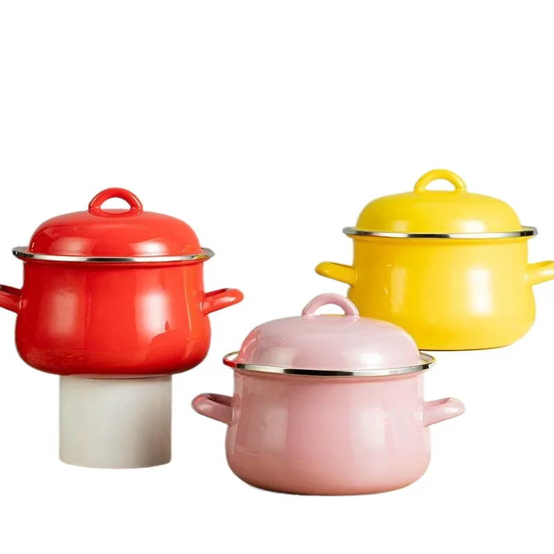 

2L Mini Deep Macaron Color Enamel Pot for Soup Stock on Gas and Induction Cooker, Double Ear Stew Pot for Noodles