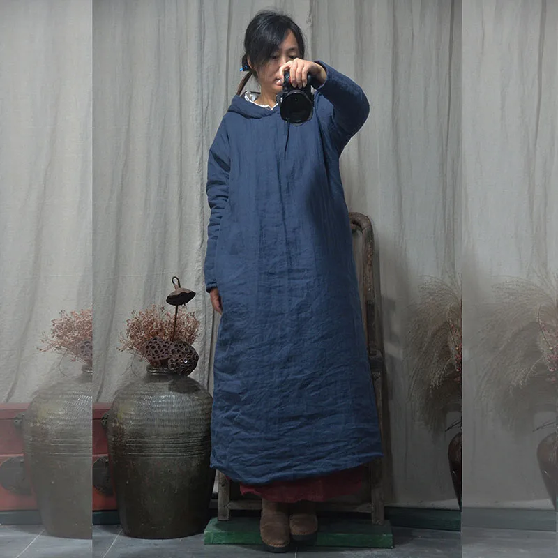 2024 New Women's Simple Cotton Cotton Autumn And Winter Dress Loose Over The Knee Hooded Cover Casual Long Gown