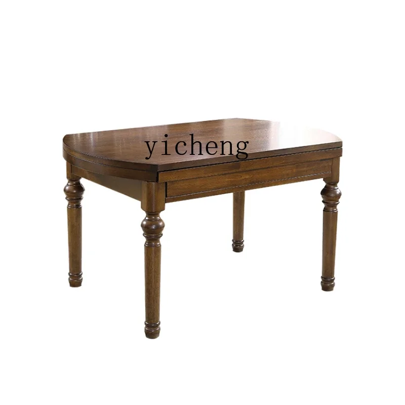 

Solid Wood Dining Table Rectangular Retractable Folding round Dining Table and Chair Black Walnut Color