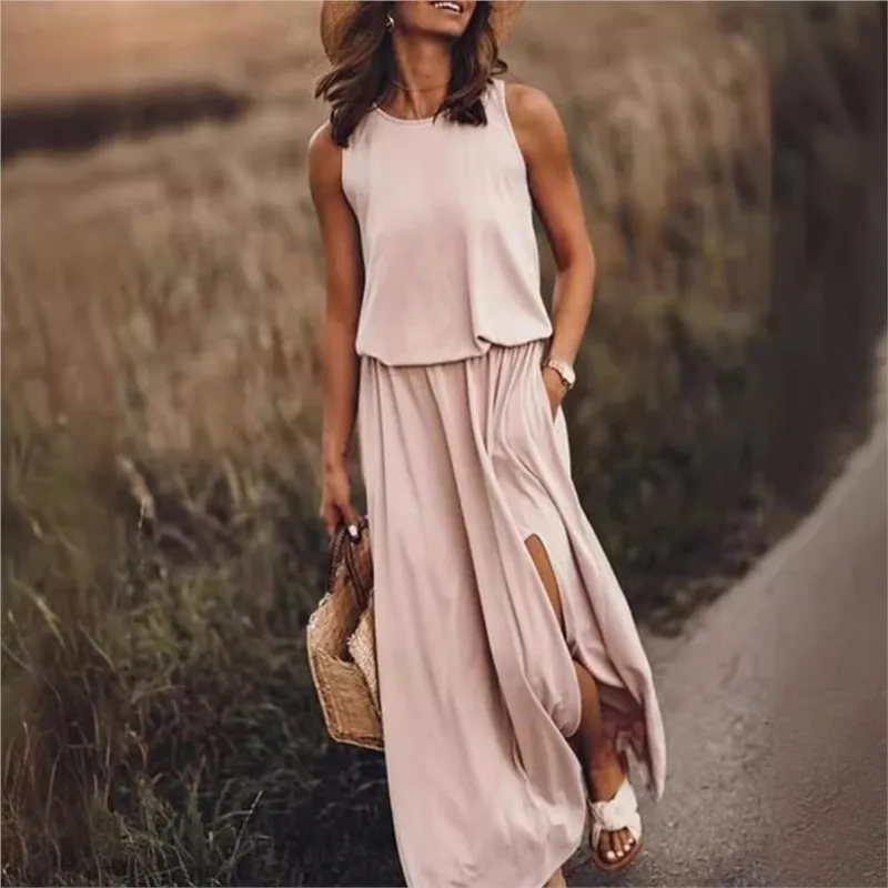 Vacation Solid Beach Maxi Dress Casual O Neck Sleeveless Front Split Pockets Basic Yellow White Party Beach Long Dresses Robes