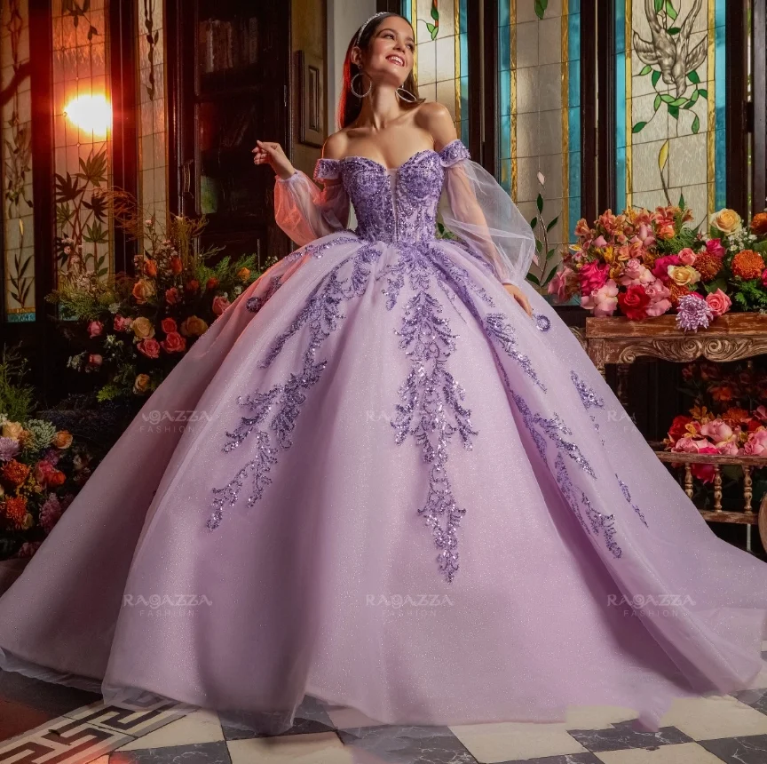 Roxo princesa personalizado quinceanera vestidos 2025 fora do ombro delicado fada frisado apliques vestidos de 15 años quinceañeras