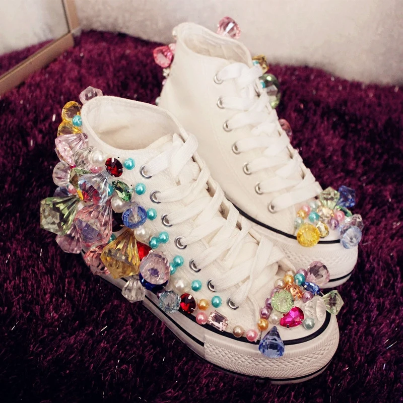 Canvas Little White Shoes Candy Big Jewel Sweet Random Colored Gemstones The color of gemstones is random and irregular Sneakers