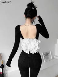 Nuove magliette Sexy per le donne 2024 Ropa Mujer Patchwork top tunica manica lunga Tees Backless Crop Fashion Casual Y2k t-shirt