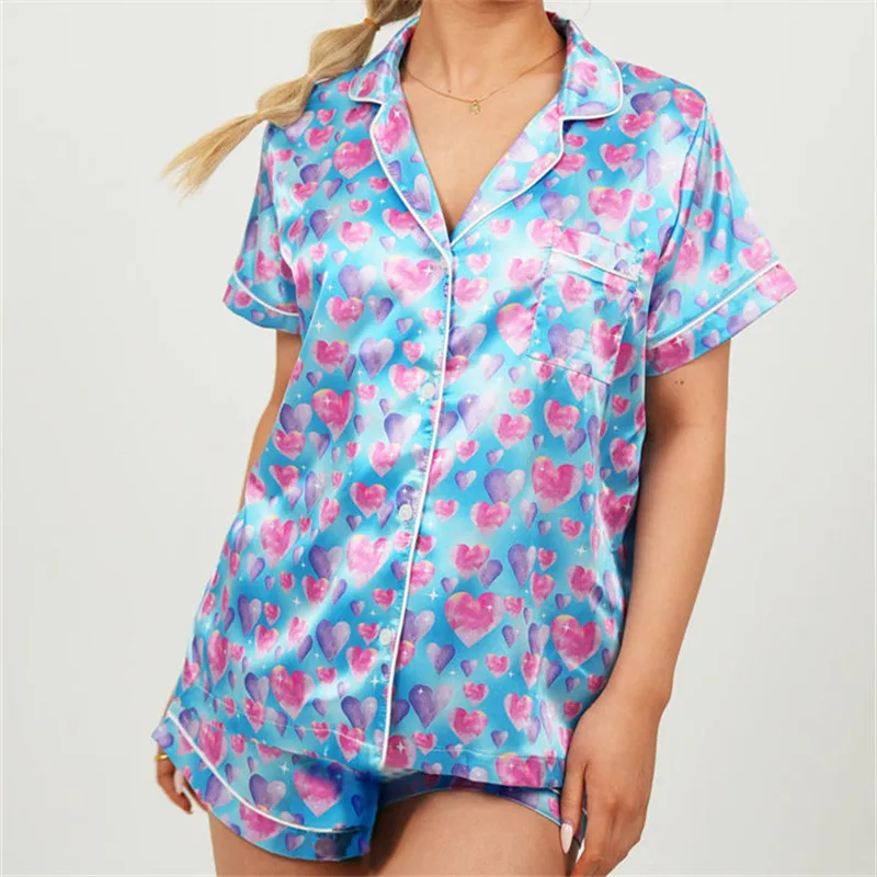 Women Valentine's Day Pajamas Lounge Set Heart Print Short Sleeve Tops and Shorts 2 Piece Loungewear Festival Outfits