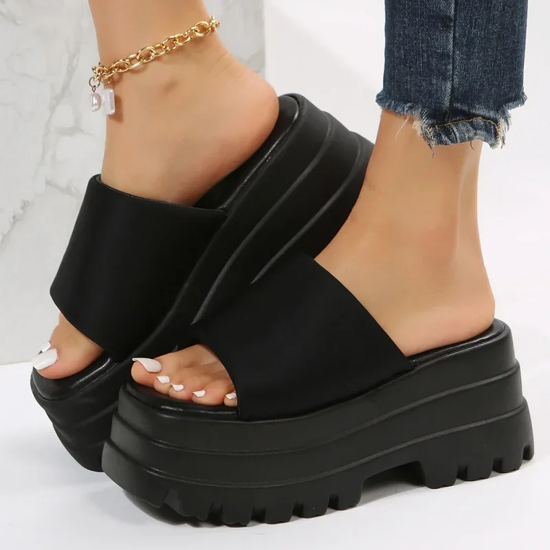 Summer Women Increase Slippers Brand Platform Beach Sandal Black Nylon Chunky Platform Wedges High Heel Slipper Big Size Sandals