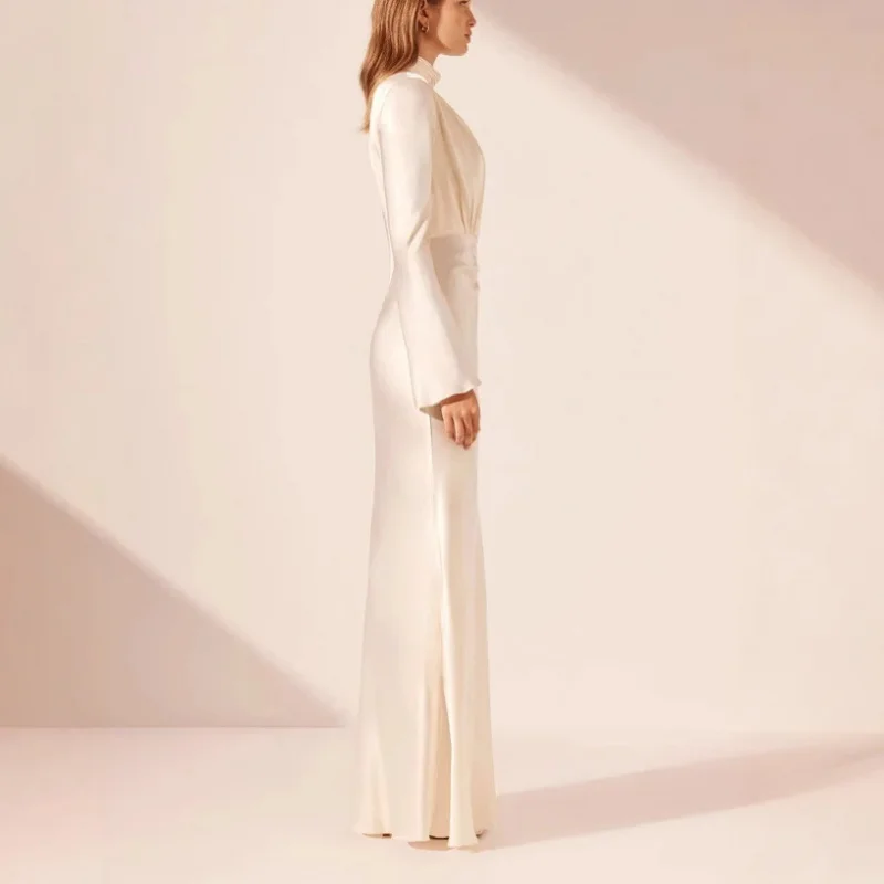 유럽 및 미국 패션 실크 새틴 롱 러치드 사교계 스타일 드레스 여성용