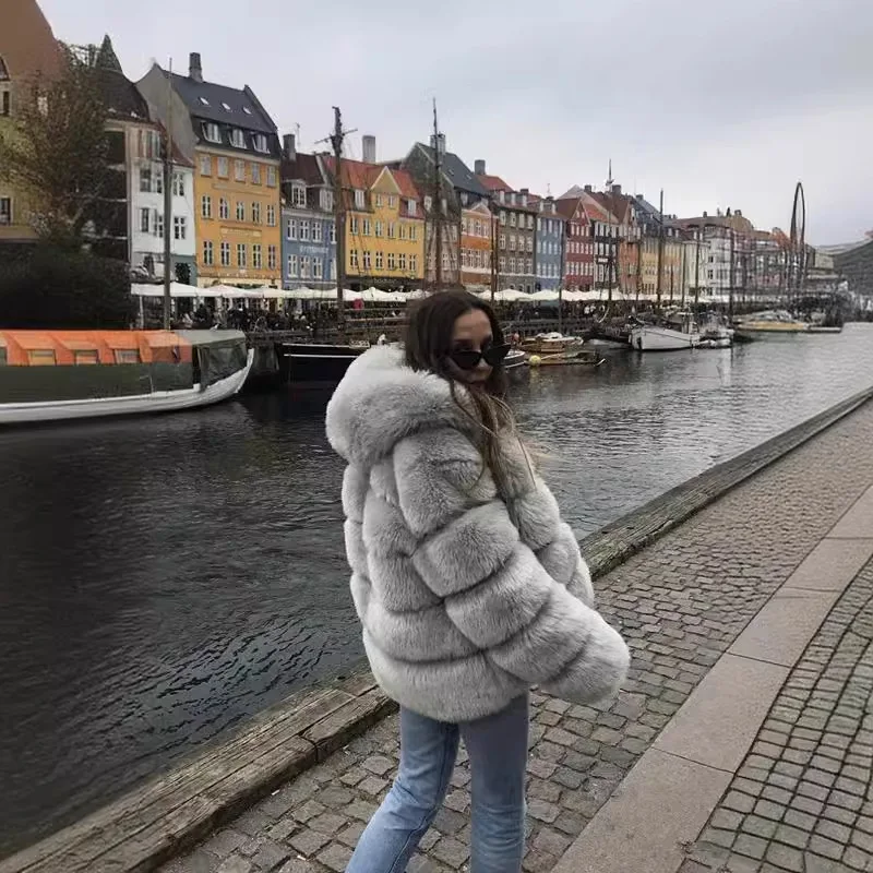 Stilvolle Frauen Winter Faux Kaninchen Pelz Mäntel Lange Ärmel Offenen Stich Mit Kapuze Pelz Jacken Dicke Warme Pelz Lose Weibliche Pelz Jacke