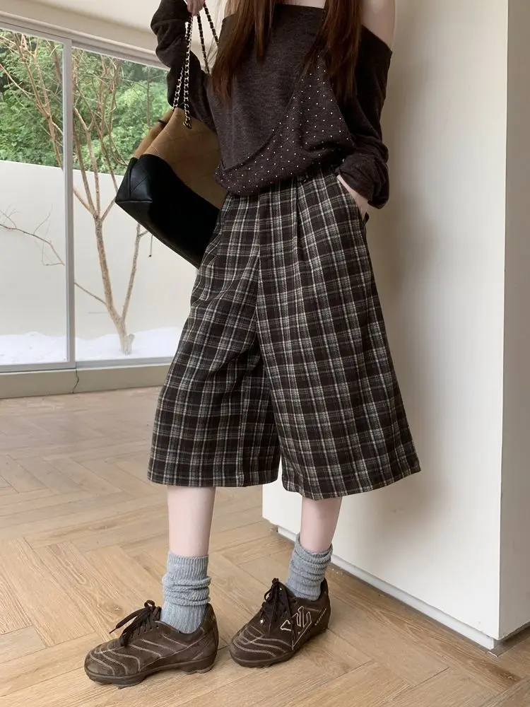 

Американские ретро-брюки в клетку для женщин, повседневные укороченные брюки на весну и осень, свободные и модные брюки с широкими штанинами.