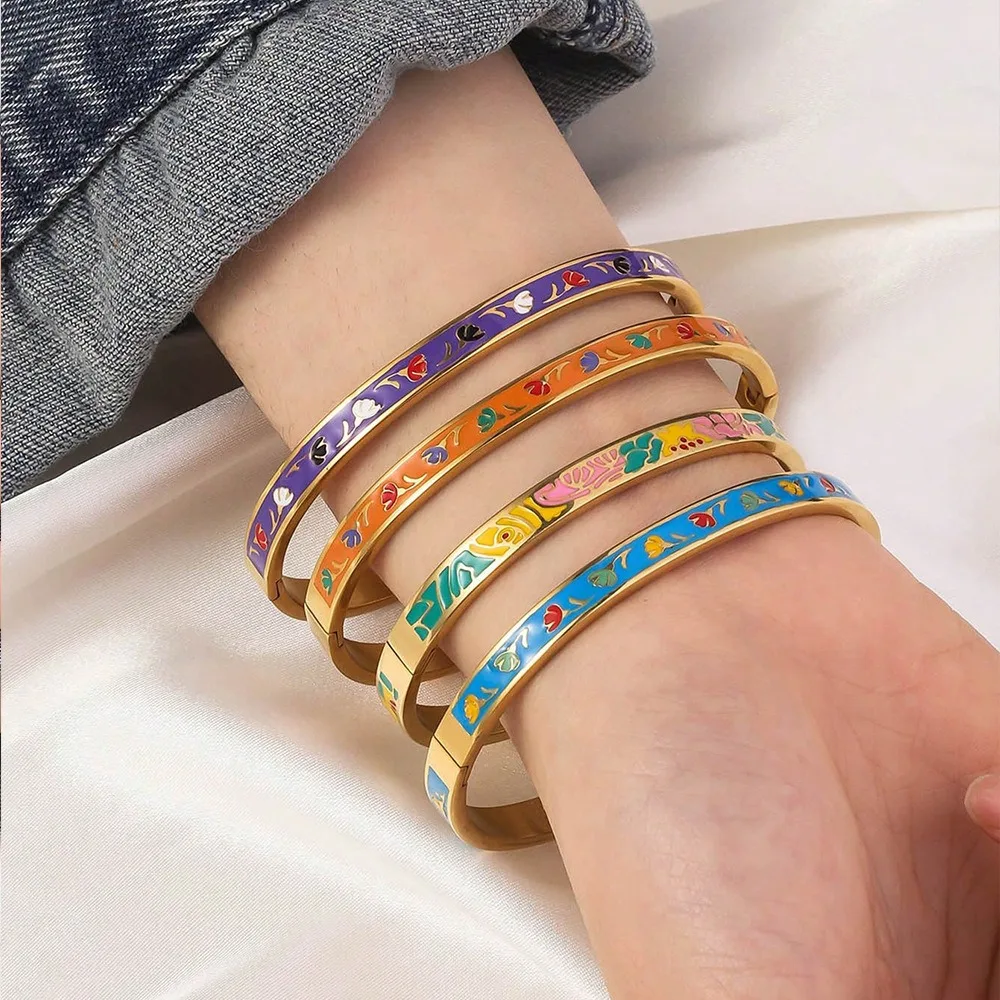 

Chic Chinese Enamel Bracelet Gold Color Waterproof Ethnic Flower Bangle Stainless Steel Traditional Women's Hand Bracelet