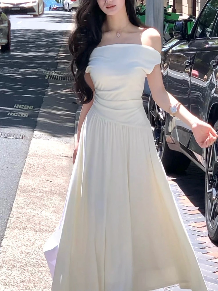 

Ele Slimming Knitted Dr oulder Bared Neline High Waist Midi Skirt Sle Polyester Fabric Summer Season Women's Dr