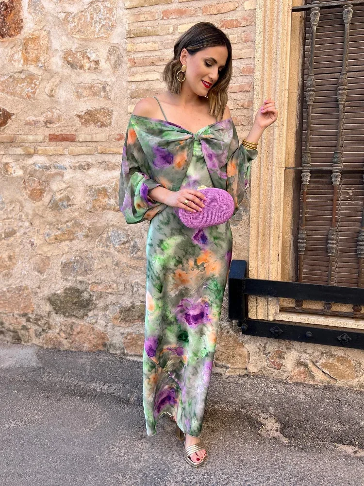 

Women's Detachable Sleeves Beach Maxi Dress Sexy Backless Tie Dye Sling Dress 2024 Summer Ladies High Waist Long Robes