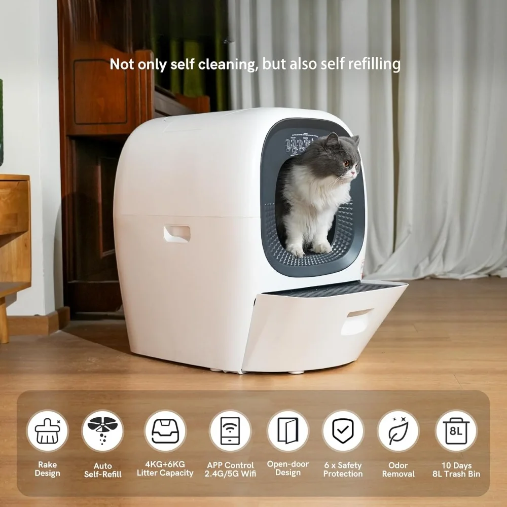 Auto Self-Refill Cat Litter Box ，Automatic Cat Litter Box Self Cleaning Litter Box for Multiple Cats, Odor-Removal/App Control