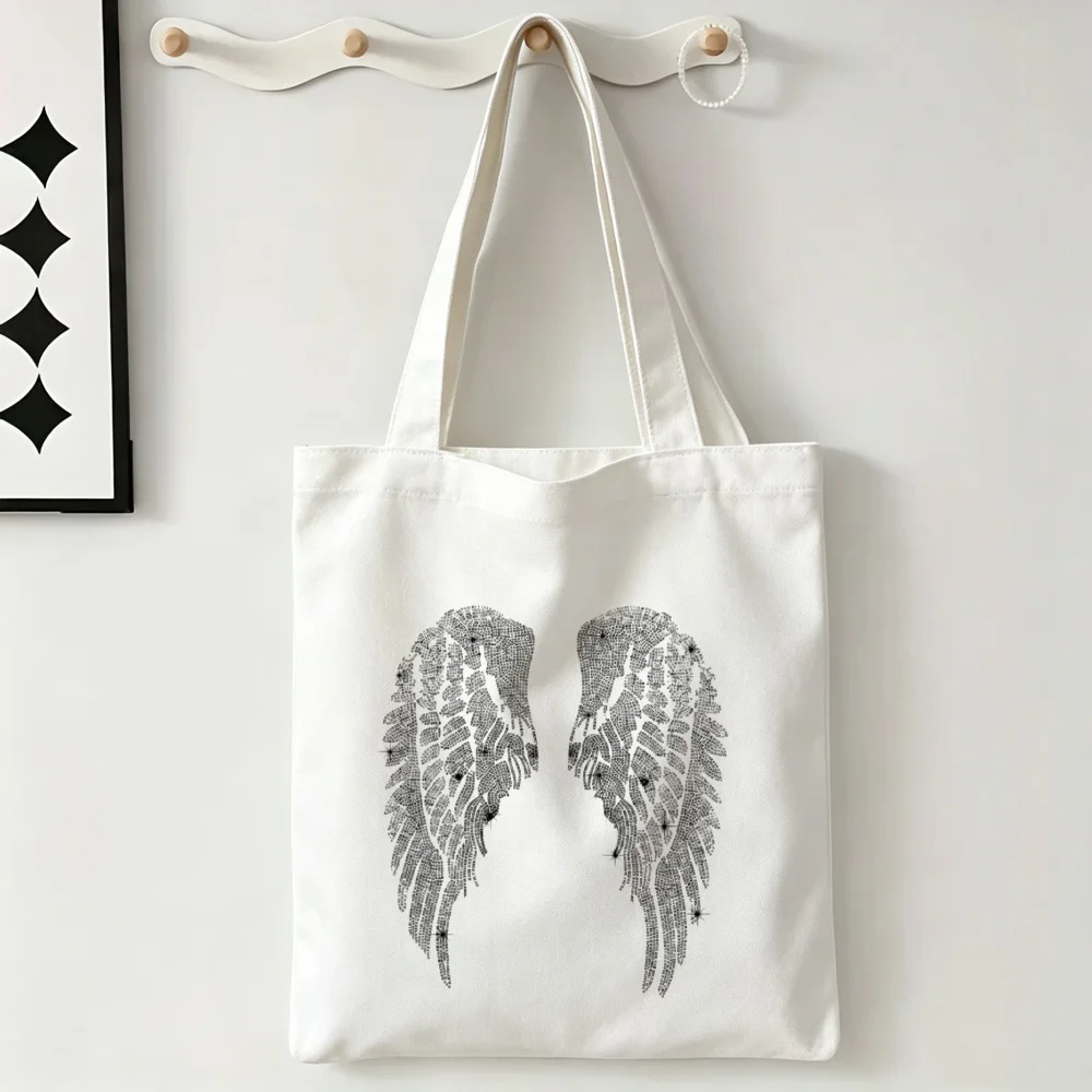 Gothic Angel Wings Tote Bag 1Pc or Set Black White Optional Vintage Y2K Shoulder Handbag Aesthetic Daily Shopping Travel Purse