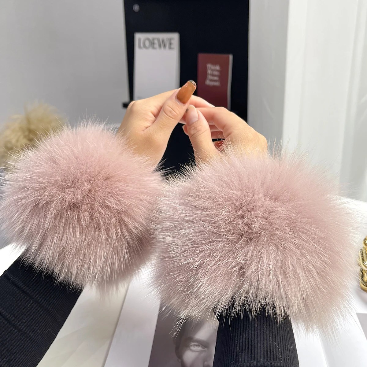 Women Real Fox Fur Cuffs Wristband Winter Warmer Arm Wrist Raccoon Fur Sleeve Gloves Female Elastic Oversleeve 2pcs