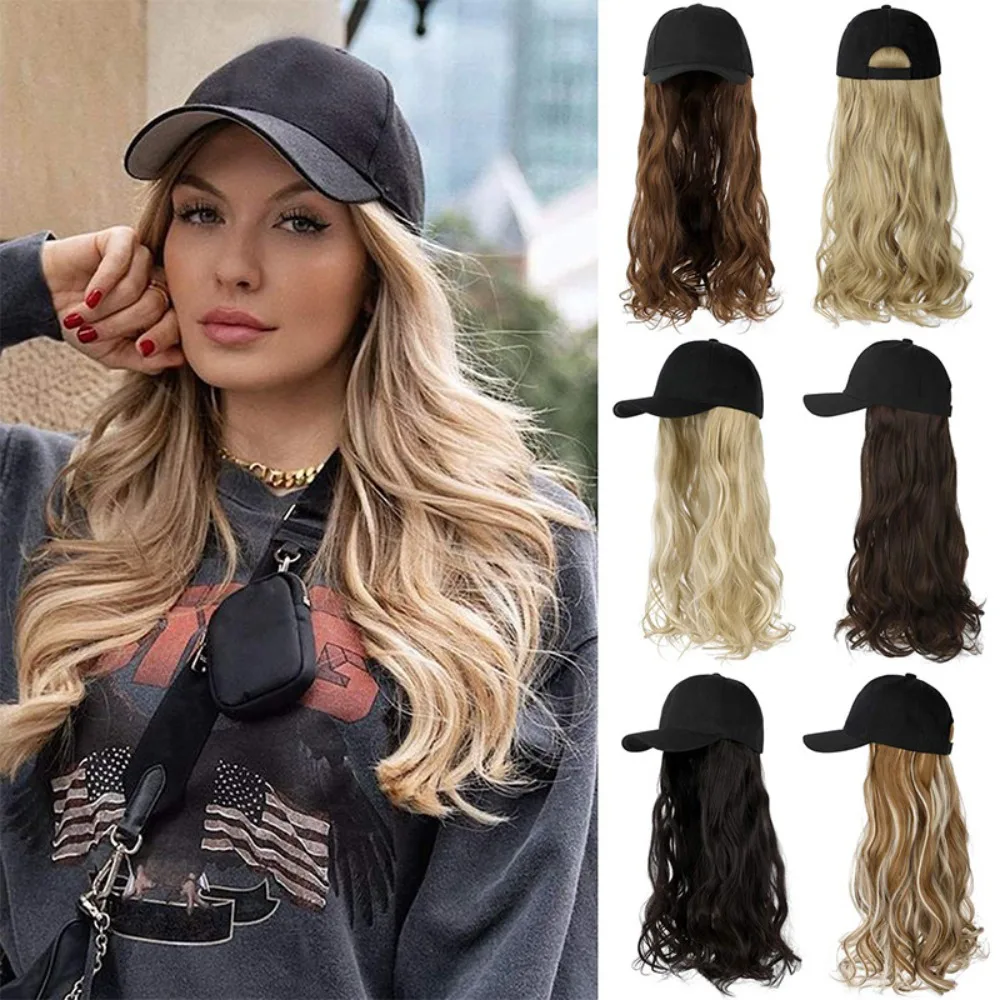 One piece female big wave long curly hair chemical fibre hat wig baseball cap wig hat duck tongue cap 20 inch 27T613 Brown Black