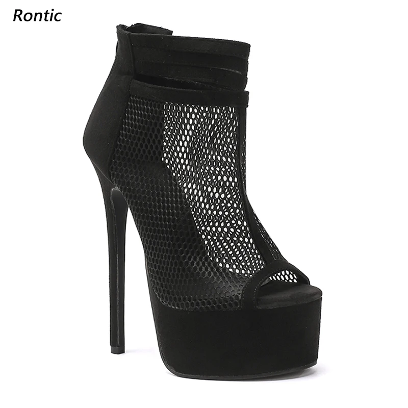 

Rontic Artisan Crafted Women's Black Mesh Platform Sandals - Strappy Heeled Shoes with Open Toe Design US Size 5-20
