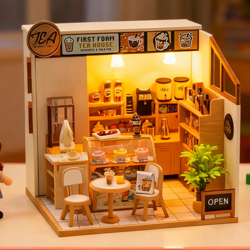 DIY Houten Miniatuur Model Kit Eerste Schuim Theehuis Casa 3D Puzzel Poppenhuizen Met Meubelverlichting voor Vrienden Verjaardagscadeaus