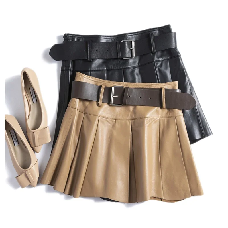 

American College Style Genuine Leather Short Skirt Women Spring Fashion Belt Pleated Jupe Female Black/brown Sexy Mini Faldas