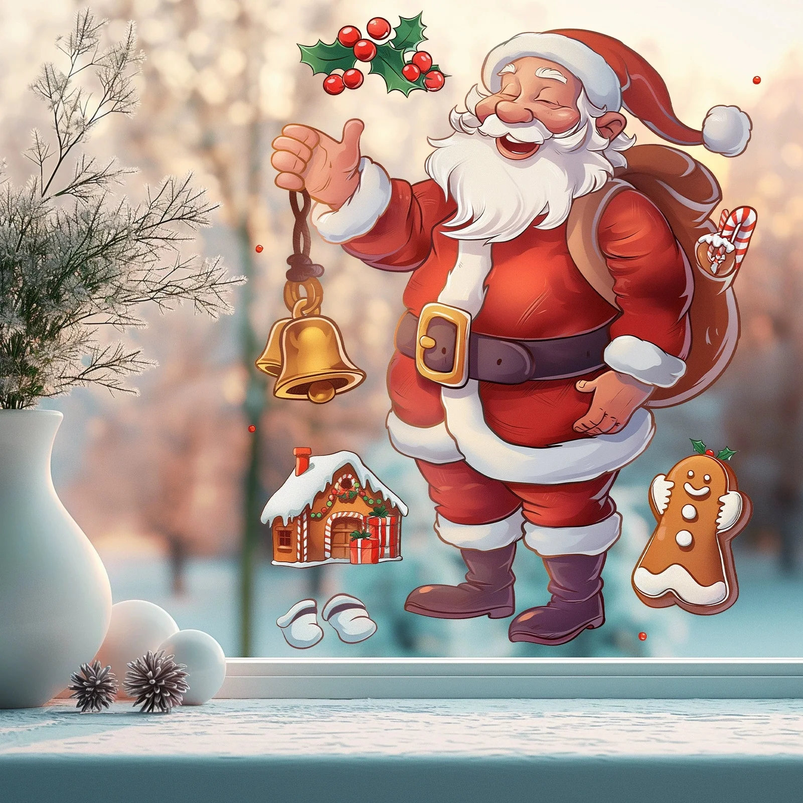 Christmas Cartoon Cute Santa Claus Garland Wall Stickers Glass Window Stickers Holiday Decoration Home Stickers