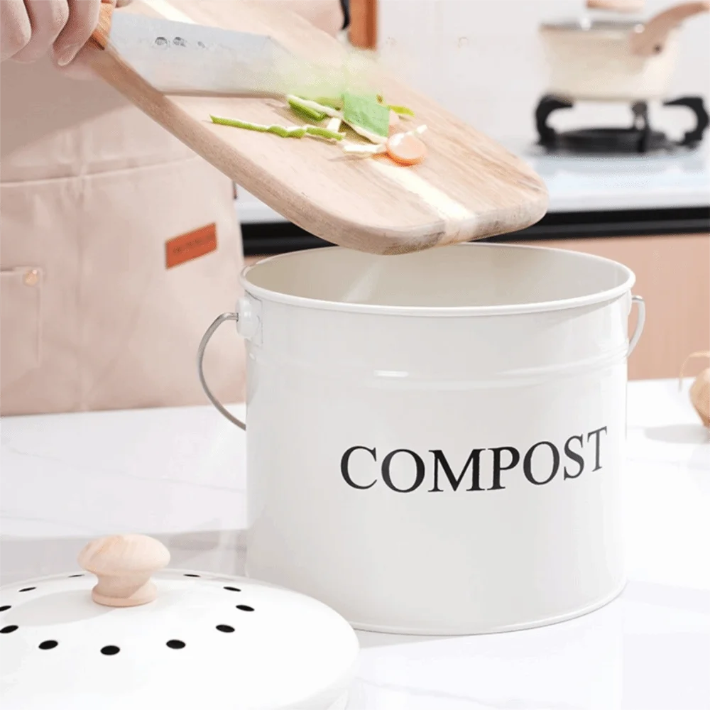 Odorless Kitchen Compost Bucket Large Capacity with Lid Food Waste Composting Bin Metal Activated Charcoal Filtration