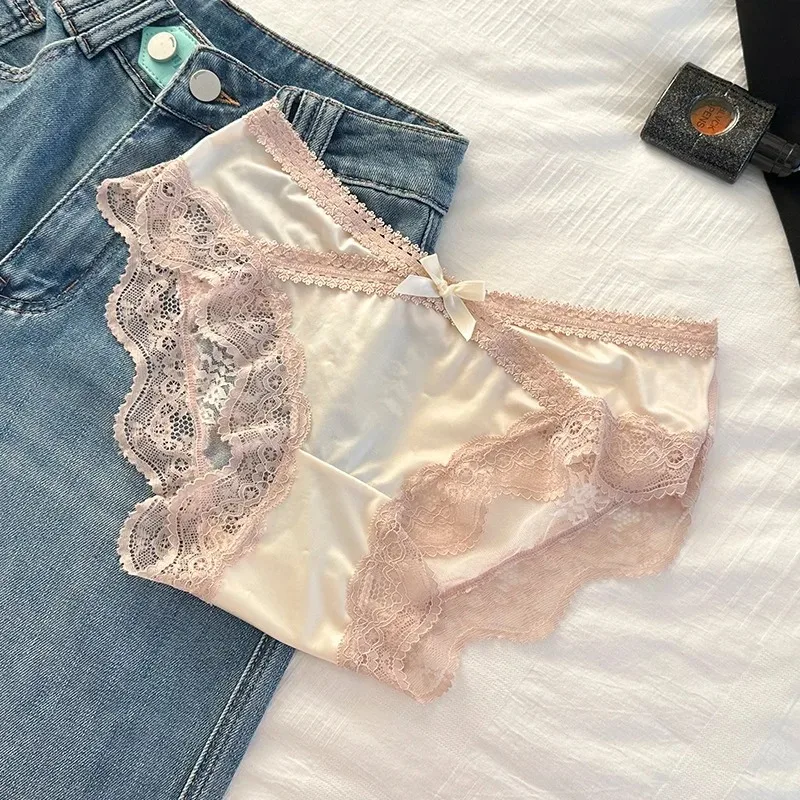 

Satin Panelled Lace Briefs Sexy Women's Underwear Low-rise Panties Soft Briefs Comfortable Lingerie Трусы Женские