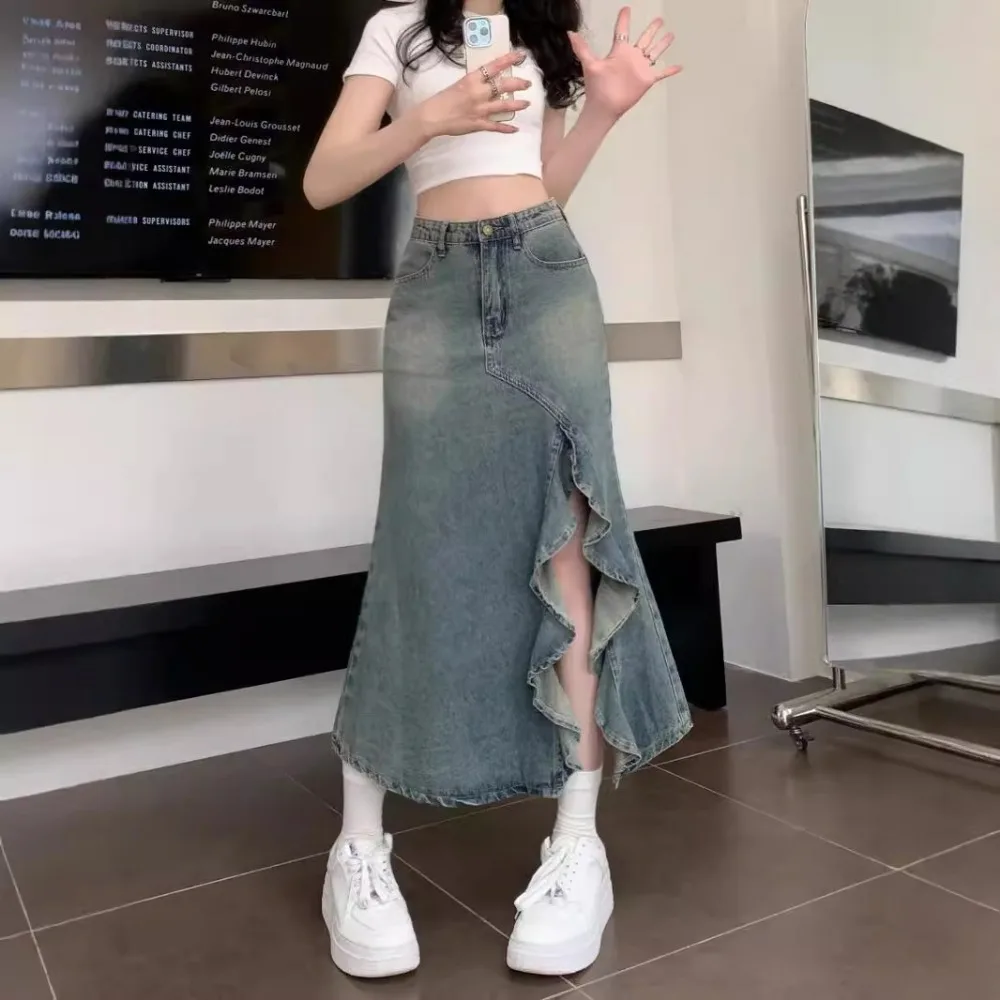 

Streetwear Vintage High-waist A-line Asymmetrical Slit Denim Skirt Women Summer Mid-length Bodycon Skirt Y2K Fishtail Maxi Skirt