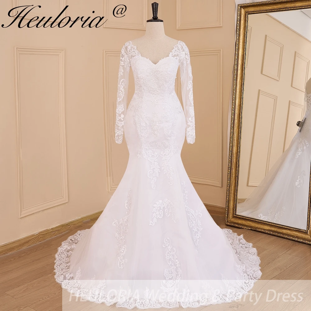 

HEULORIA elegant mermaid Wedding Dresses long sleeve o neck lace beading plus size Bride Dress Robe de mariage customize