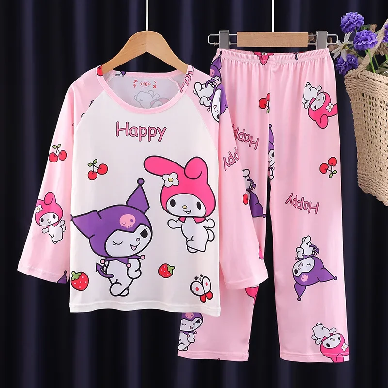 Kawaii Sanrios Kuromi Cinnamoroll Pochacco Children Milk Silk Pajamas Sets Anime Girl Boy Sleepwear Autumn Kids Homewear Clothes