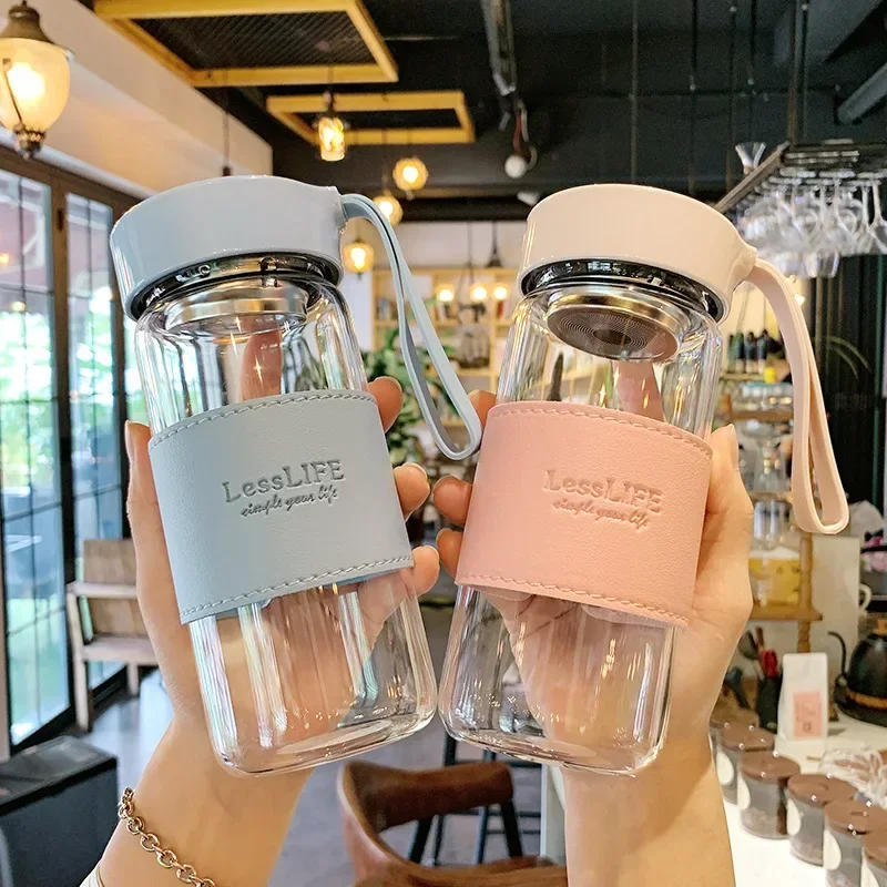 500ml High Quality Portable Glass Bottle Simple Style Glass Cup with Tea Filter Milk Drinking Bottle with Screw Lid Filter Net