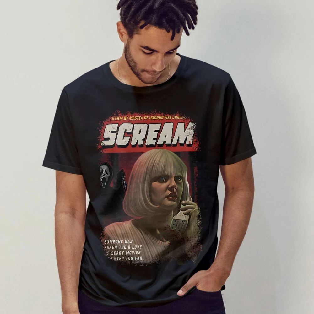 تي شيرت ملهم لملصق فيلم Scream: رعب ريترو 90s نمط ثقيل الوزن من القطن الخالص بطبقة أساسية لجميع المواسم