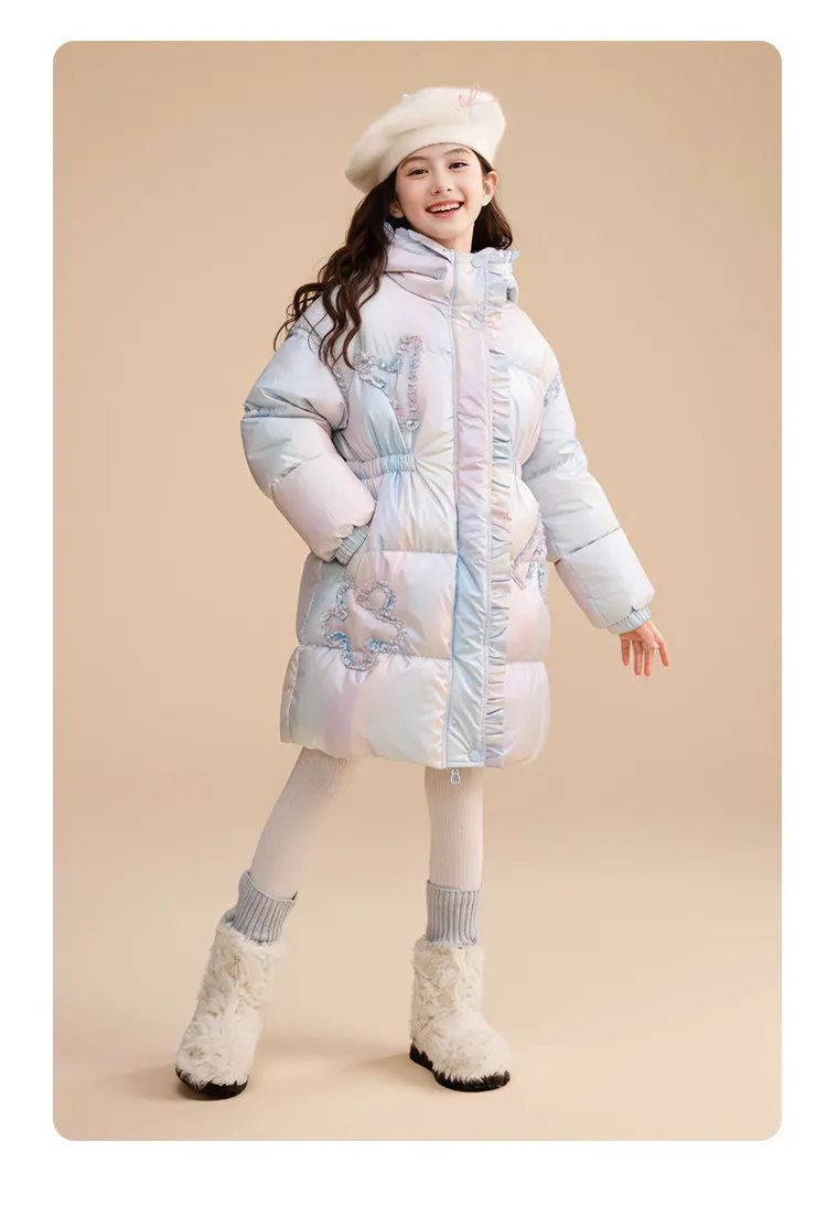 Langer Daunenmantel mit Kapuze für Mädchen, 90 % weiße Entendaunen, warmer Winterparka mit Spitze und Rüschen, winddichte, dicke Oberbekleidung für Teenager und Kinder, A5123 – Detail 5