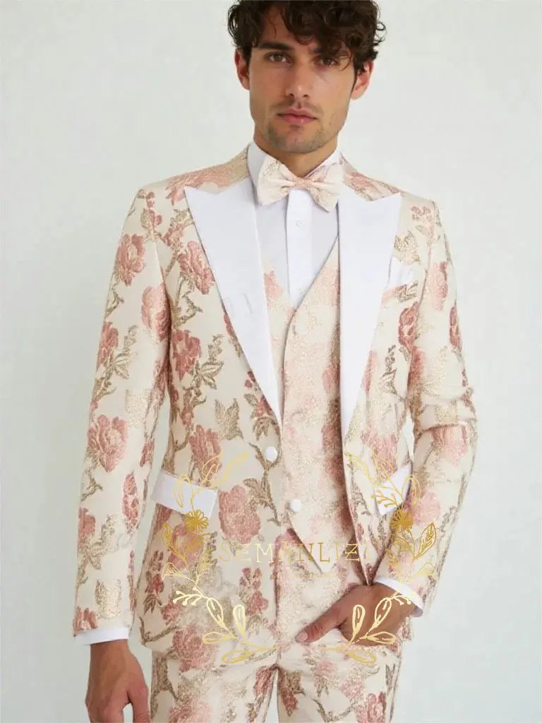 

Classic Floral Design White Peaked Lapel Costume Homme Party Wedding Suits For Men Terno Masculino Slim Fit Groom Tuxedos