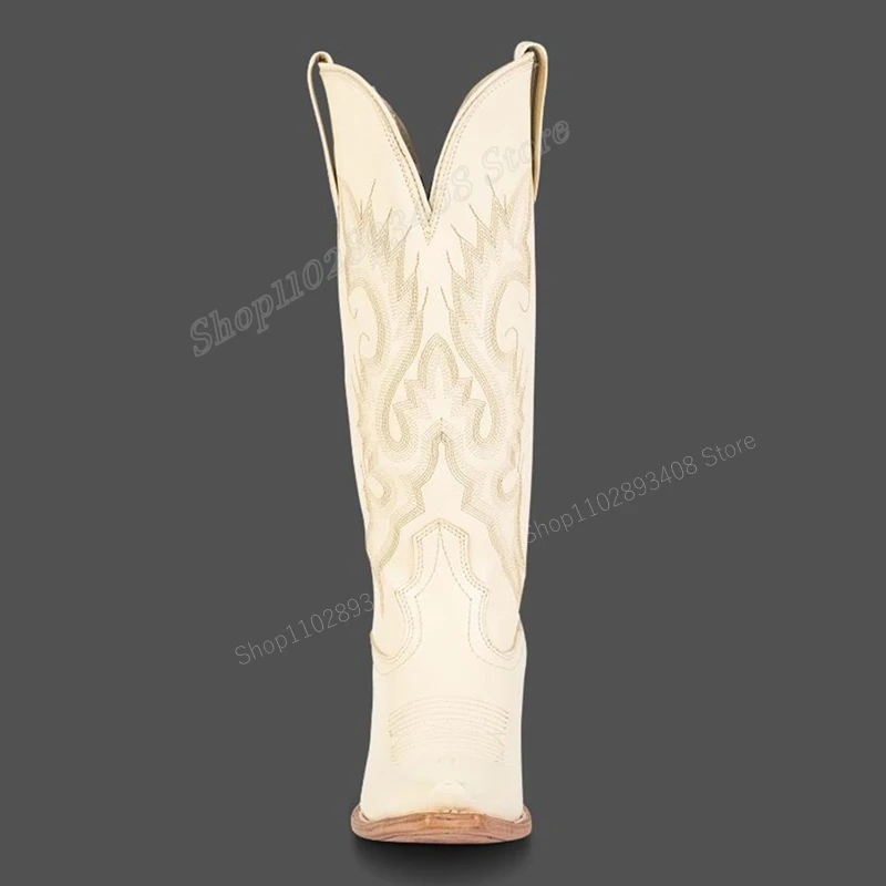 White Embroidery Mid Calf Boots Western Cowgirls Design Pointed Toe Chunky Heel Embroidery Women Shoes 2023 Zapatos Para Mujere